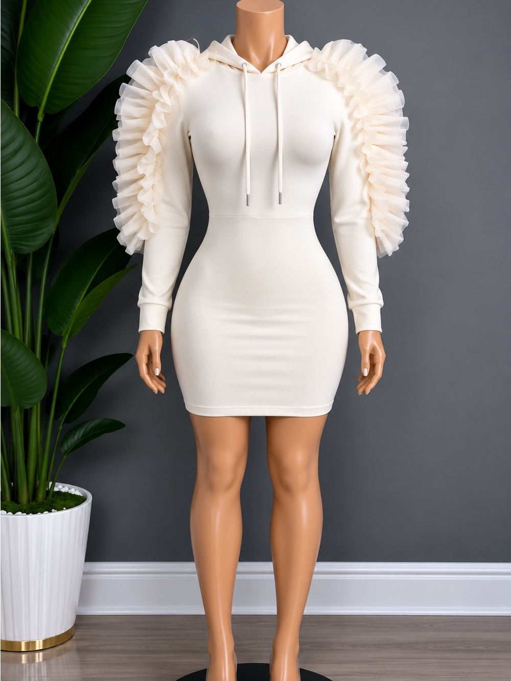 Women's Ruffle-Sleeve Hoodie Dress in Cream